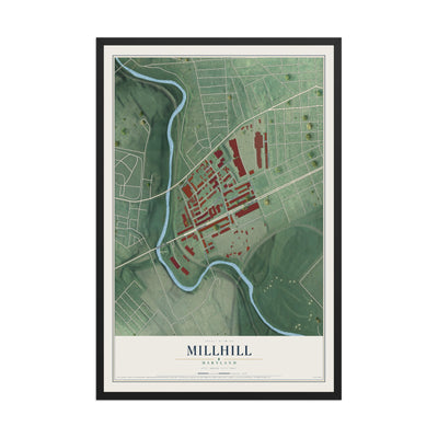 Map of Millhill, Maryland, 12 x 18 inch print in a black wood frame