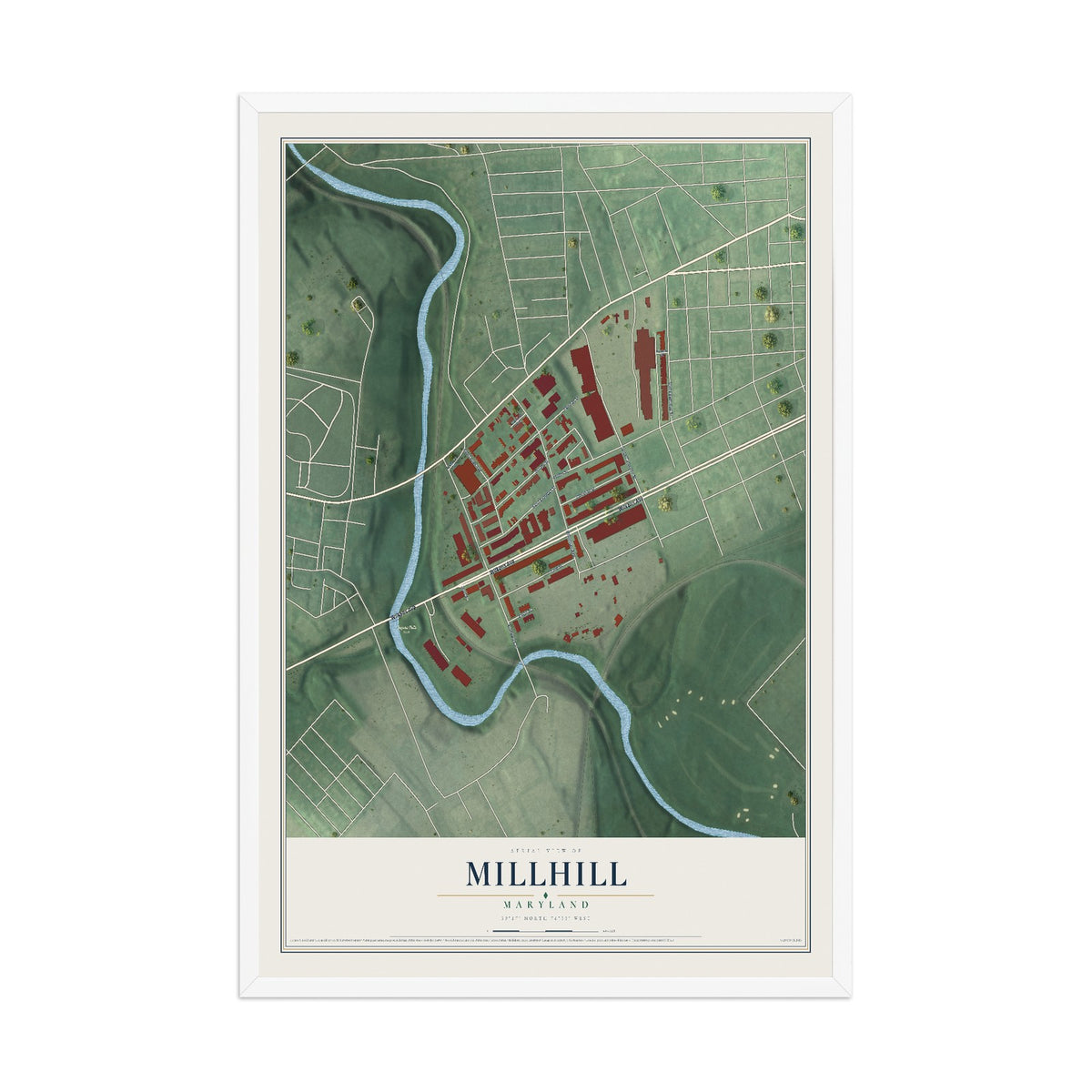 Map of Millhill, Maryland, 12 x 18 inch print in a white wood frame
