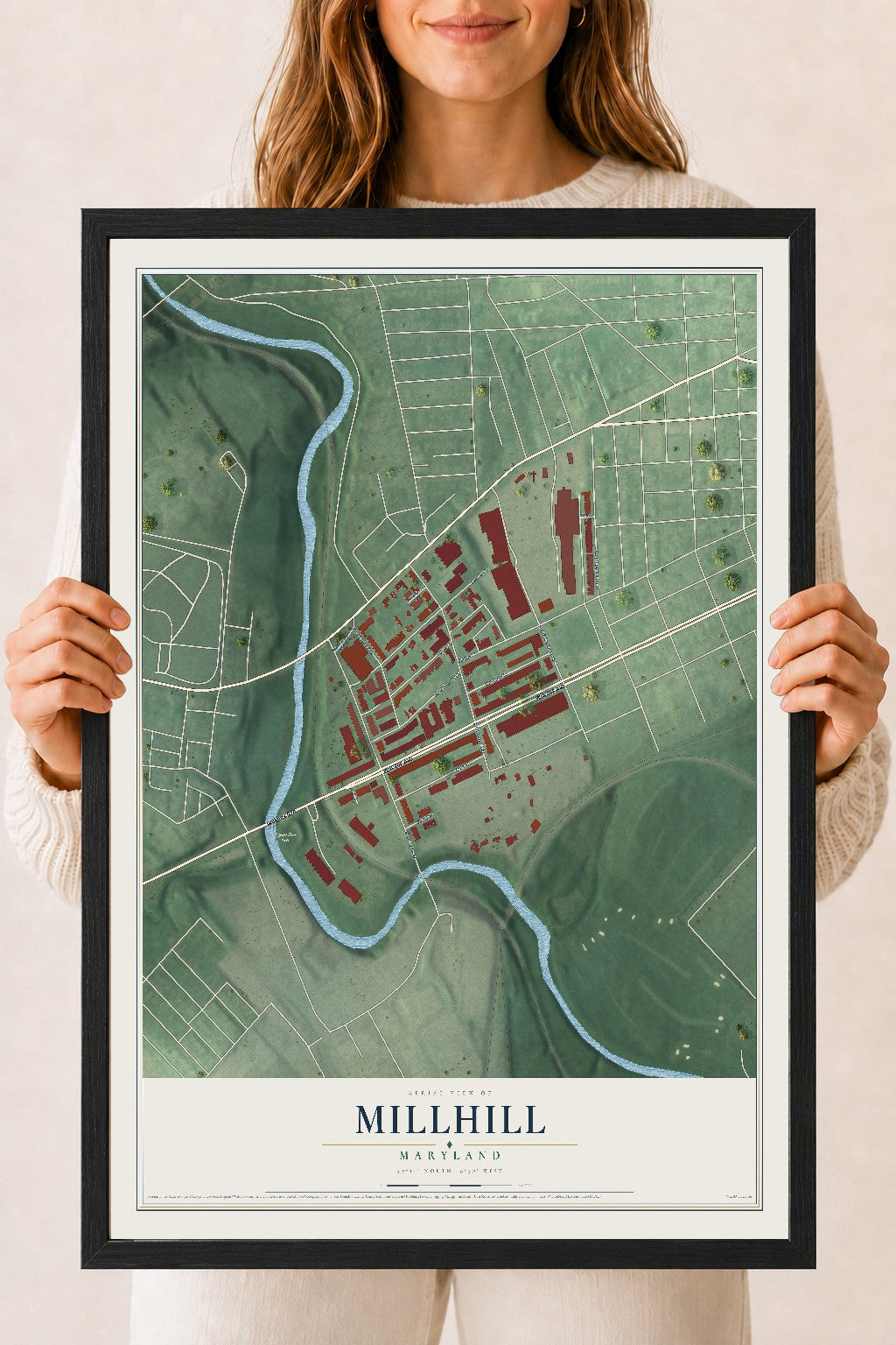Map of Millhill, Maryland, 18 x 24 inch print in a black wood frame