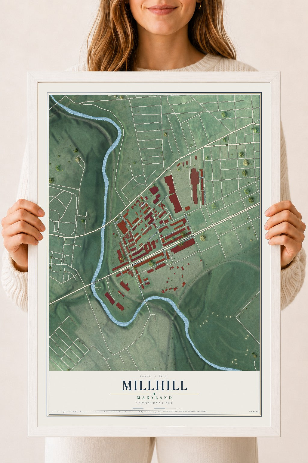 Map of Millhill, Maryland, 18 x 24 inch print in a white wood frame