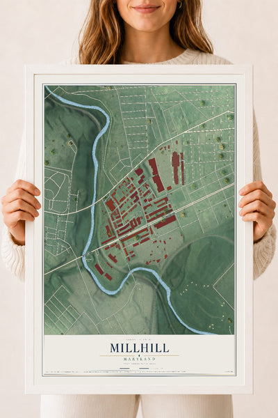 Map of Millhill, Maryland, 18 x 24 inch print in a white wood frame