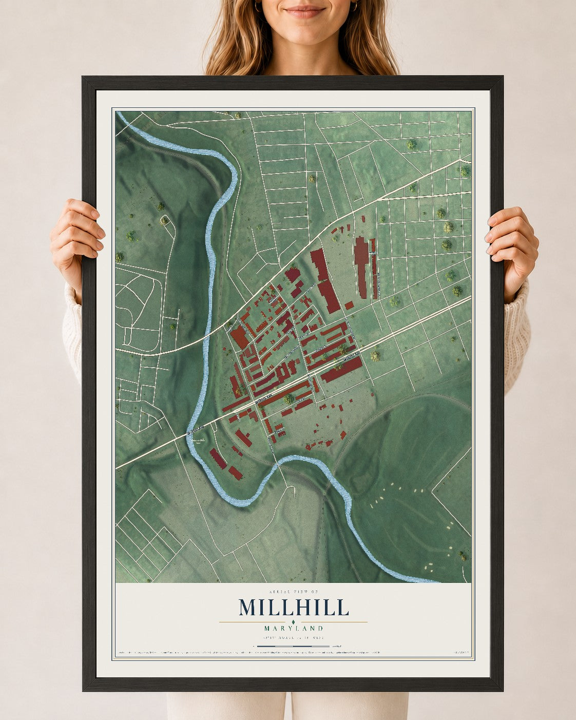 Map of Millhill, Maryland, 24 x 36 inch print in a black wood frame