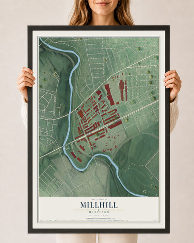 Map of Millhill, Maryland, 24 x 36 inch print in a black wood frame