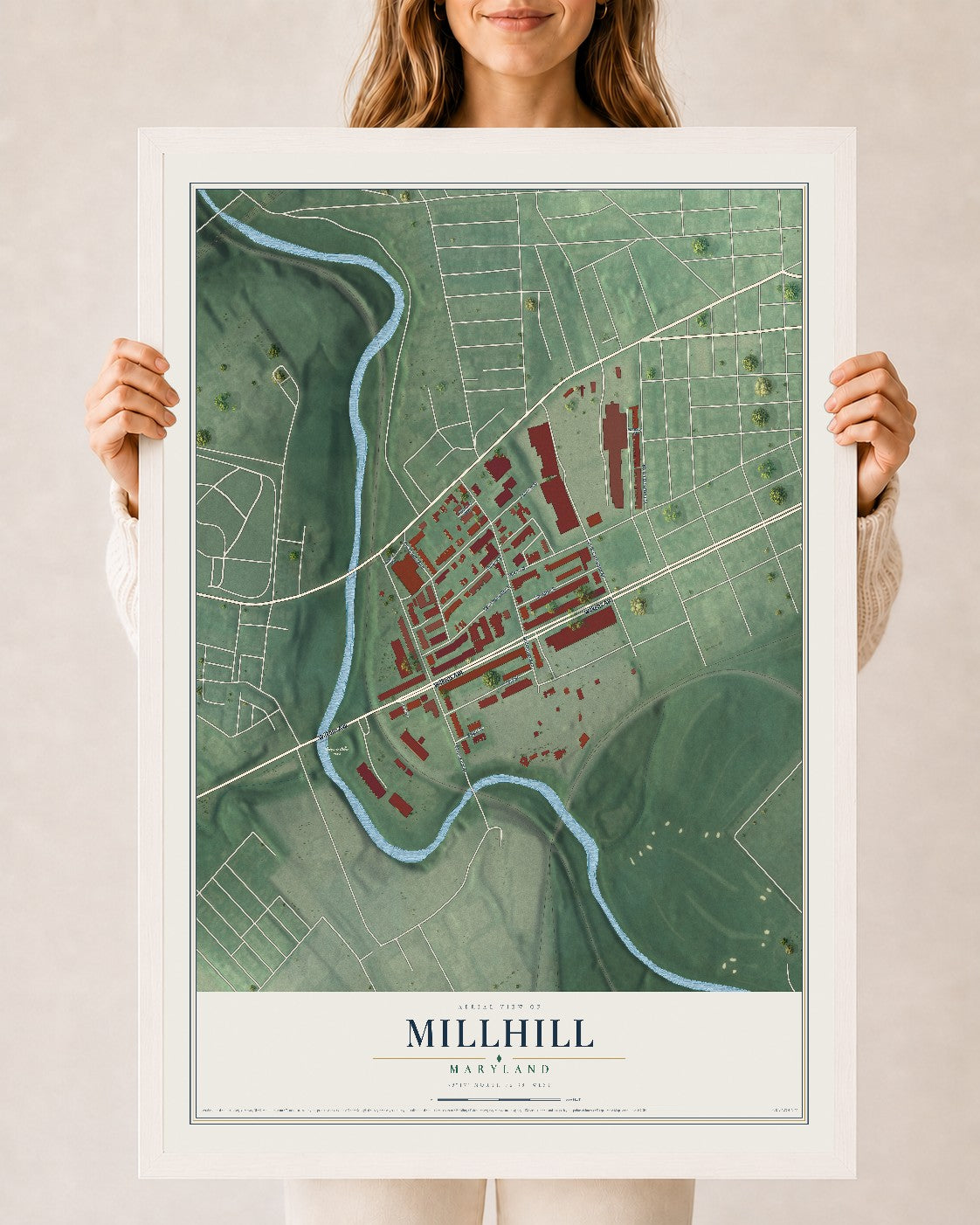Map of Millhill, Maryland, 24 x 36 inch print in a white wood frame