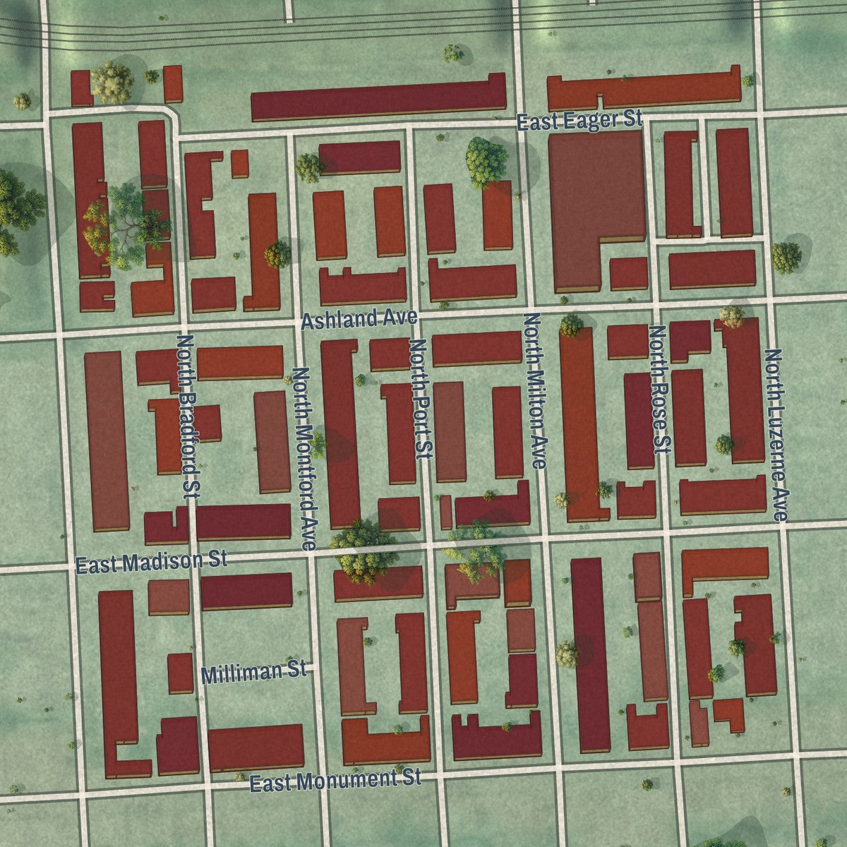 Close-up of the map of Milton-Montford, Maryland print showing street and building detail