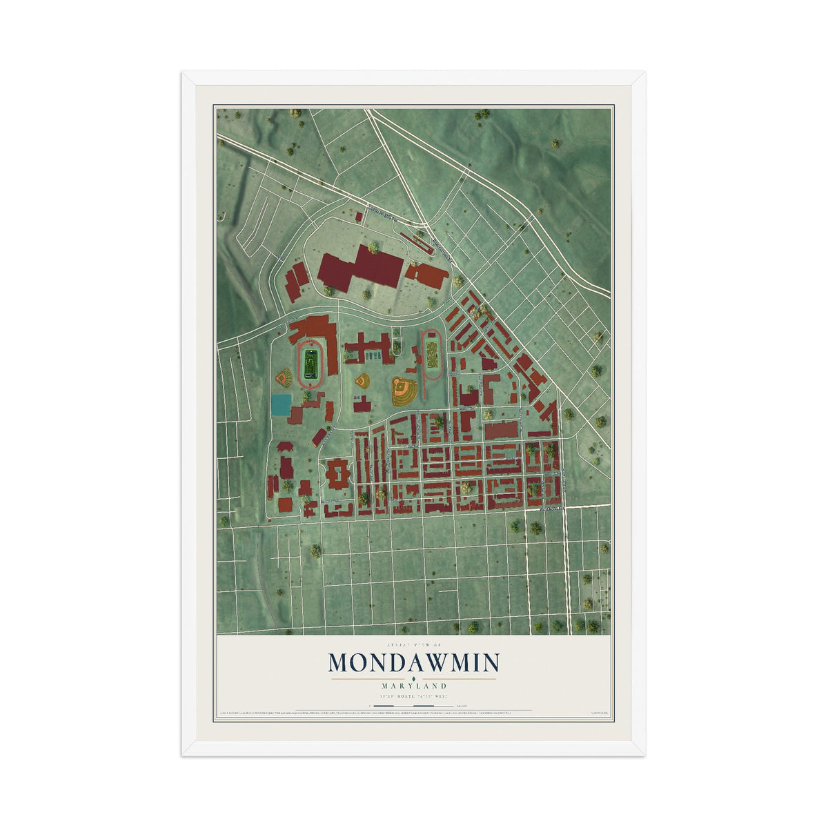 Map of Mondawmin, Maryland, 12 x 18 inch print in a white wood frame