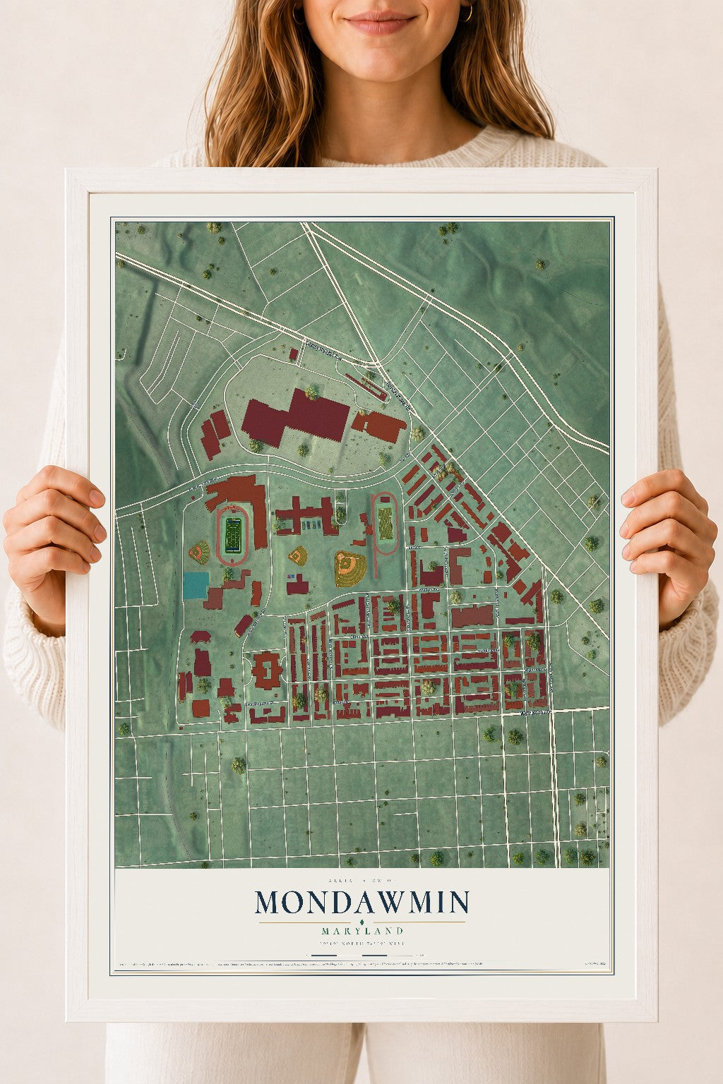 Map of Mondawmin, Maryland, 18 x 24 inch print in a white wood frame