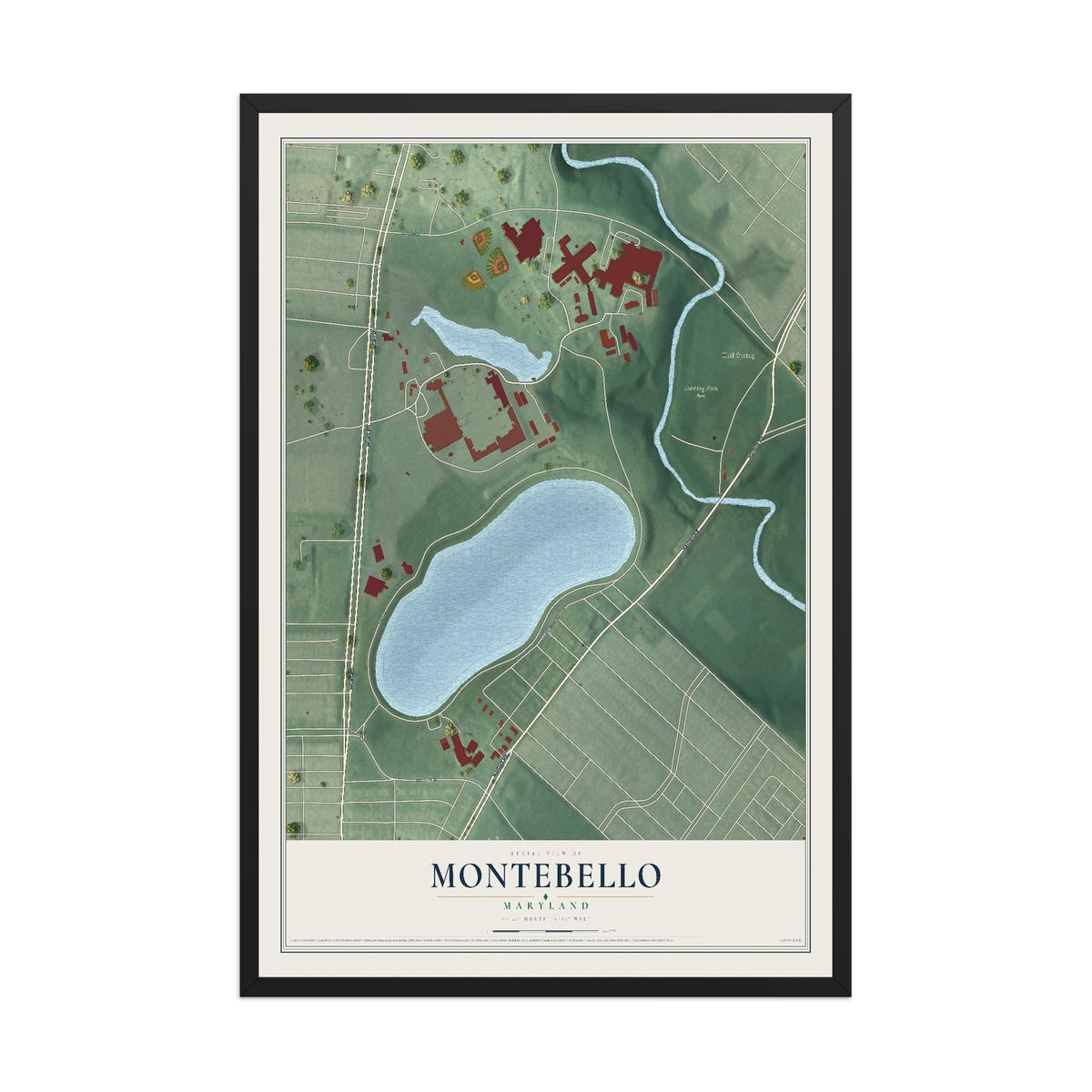 Map of Montebello, Maryland, 12 x 18 inch print in a black wood frame