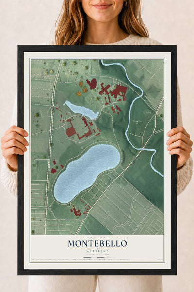 Map of Montebello, Maryland, 18 x 24 inch print in a black wood frame