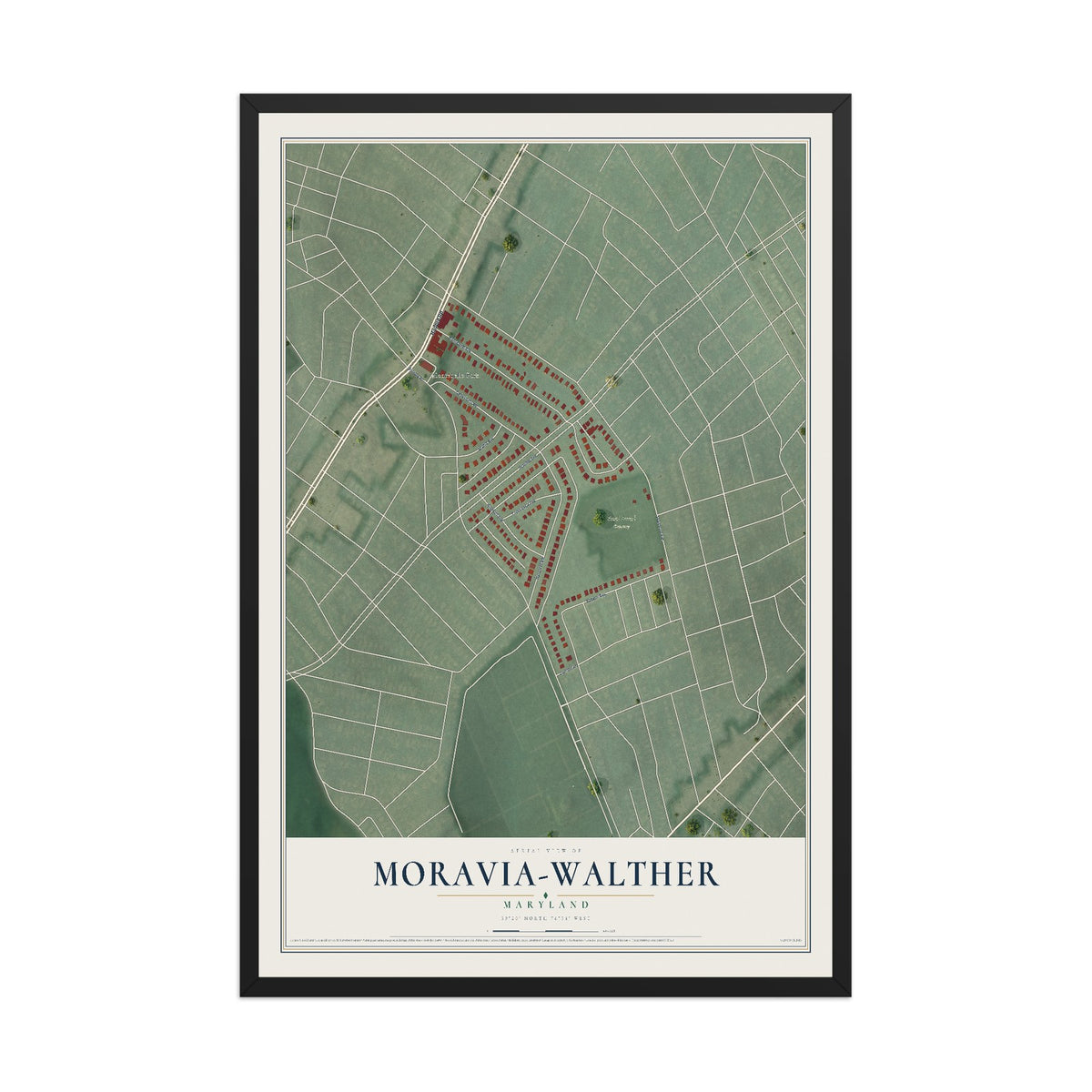 Map of Moravia-Walther, Maryland, 12 x 18 inch print in a black wood frame