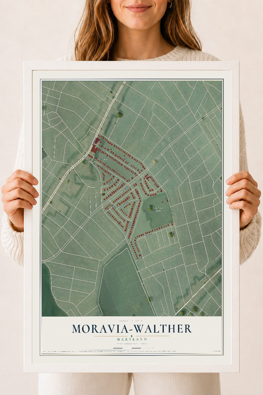 Map of Moravia-Walther, Maryland, 18 x 24 inch print in a white wood frame