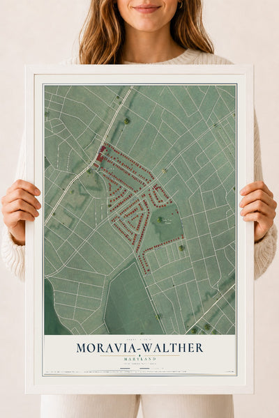 Map of Moravia-Walther, Maryland, 18 x 24 inch print in a white wood frame