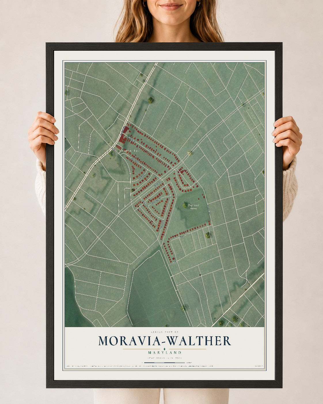 Map of Moravia-Walther, Maryland, 24 x 36 inch print in a black wood frame
