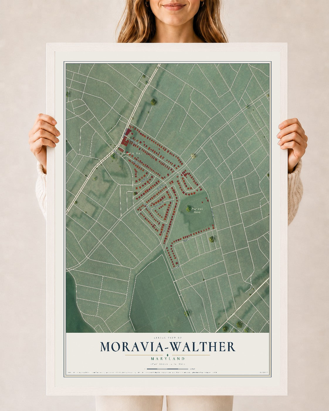 Map of Moravia-Walther, Maryland, 24 x 36 inch print in a white wood frame