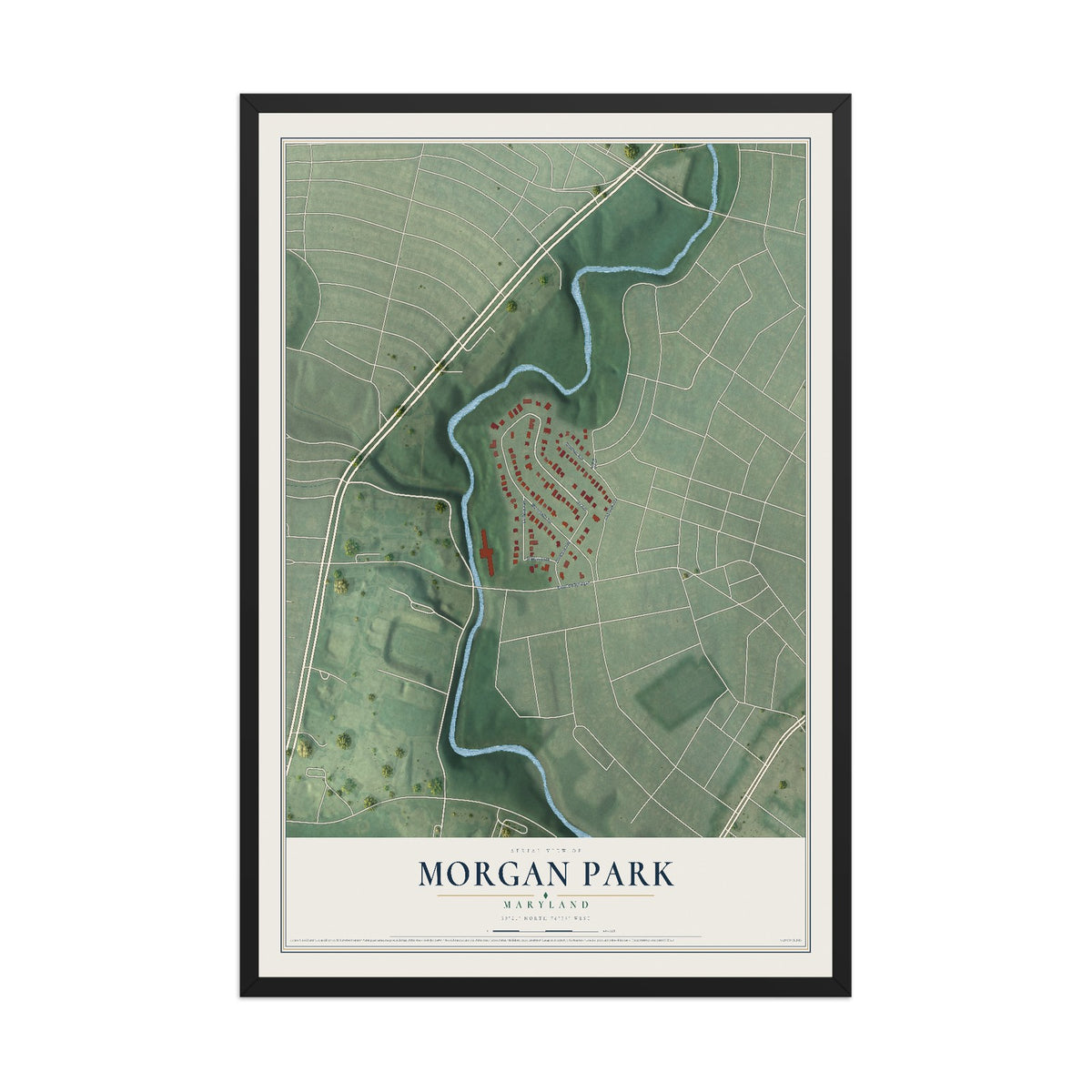 Map of Morgan Park, Maryland, 12 x 18 inch print in a black wood frame