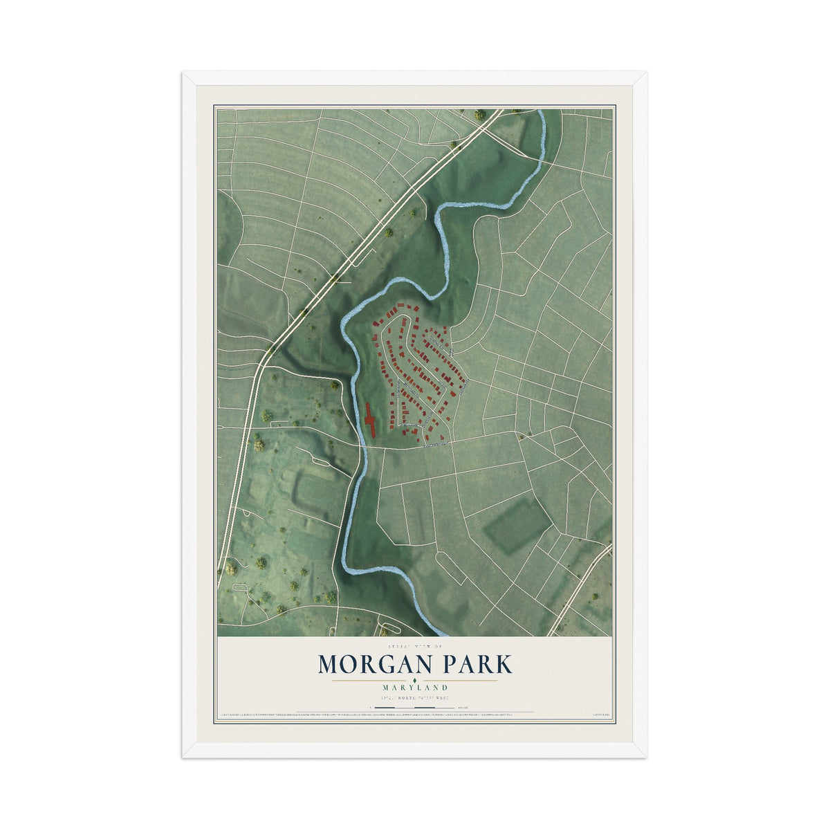 Map of Morgan Park, Maryland, 12 x 18 inch print in a white wood frame