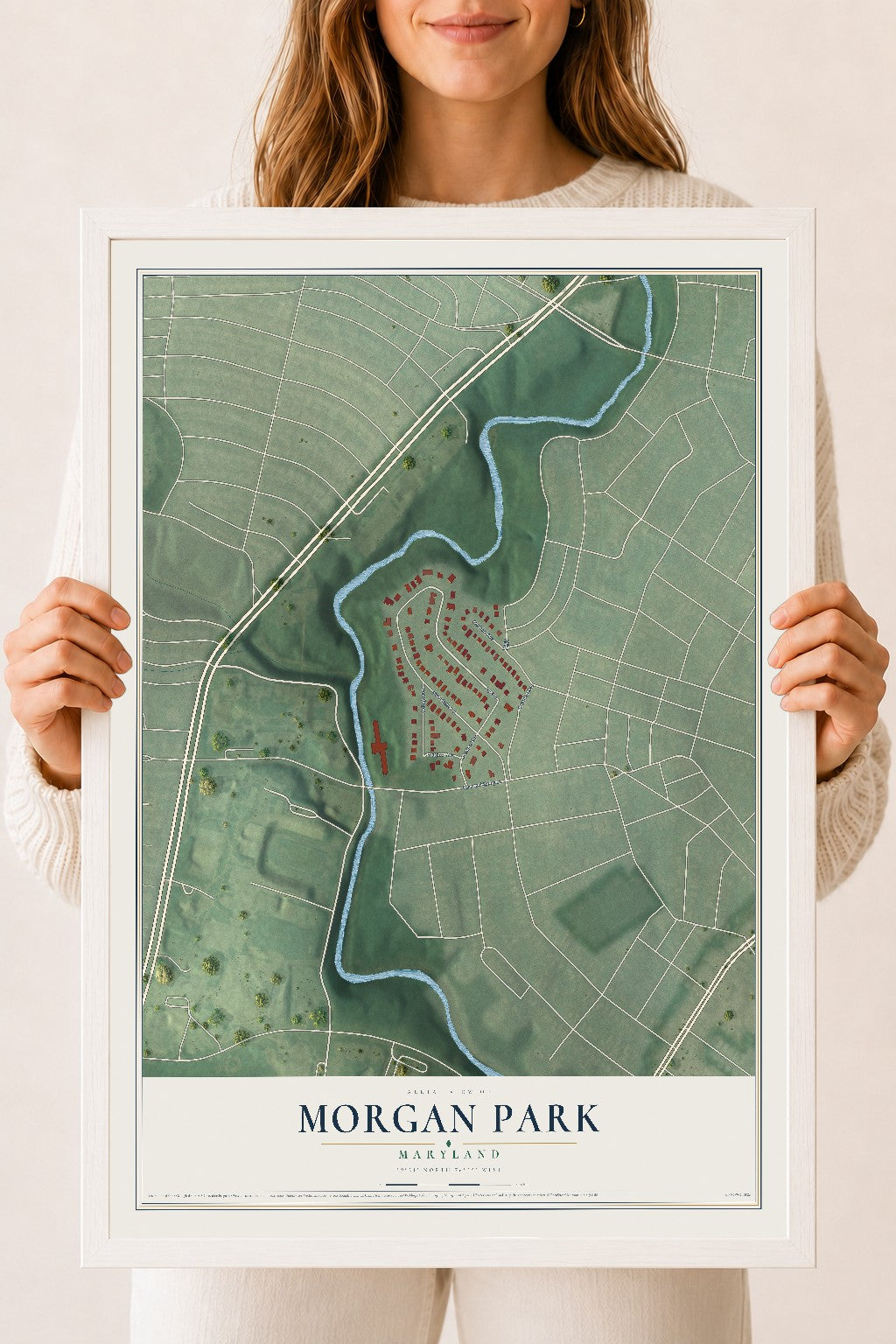 Map of Morgan Park, Maryland, 18 x 24 inch print in a white wood frame