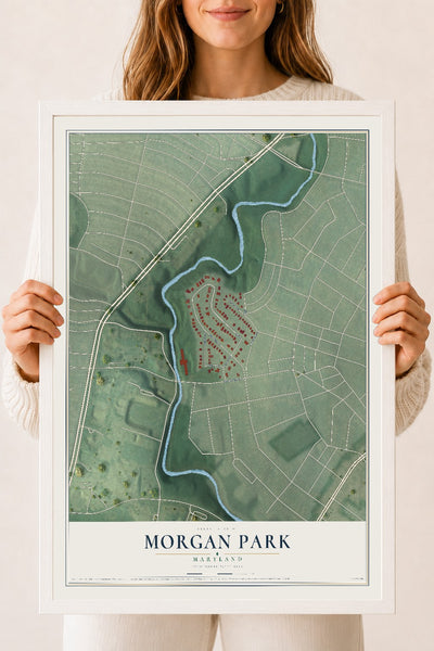 Map of Morgan Park, Maryland, 18 x 24 inch print in a white wood frame