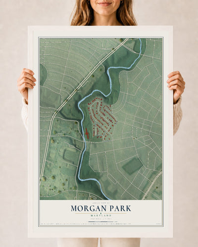 Map of Morgan Park, Maryland, 24 x 36 inch print in a white wood frame