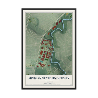 Map of Morgan State University, Maryland, 12 x 18 inch print in a black wood frame