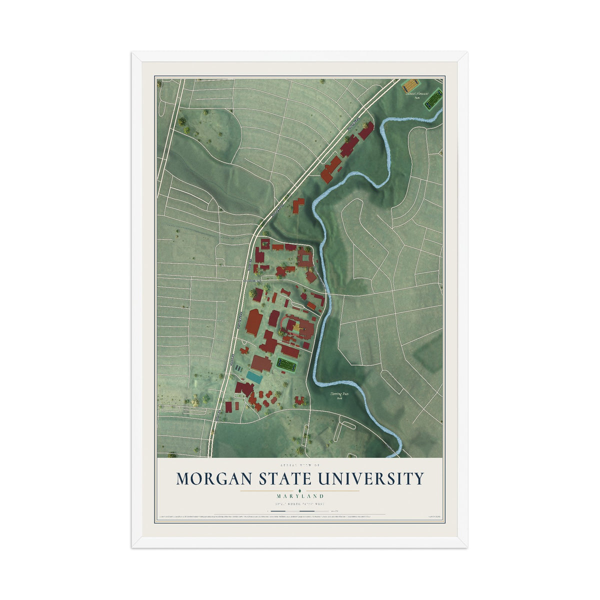 Map of Morgan State University, Maryland, 12 x 18 inch print in a white wood frame
