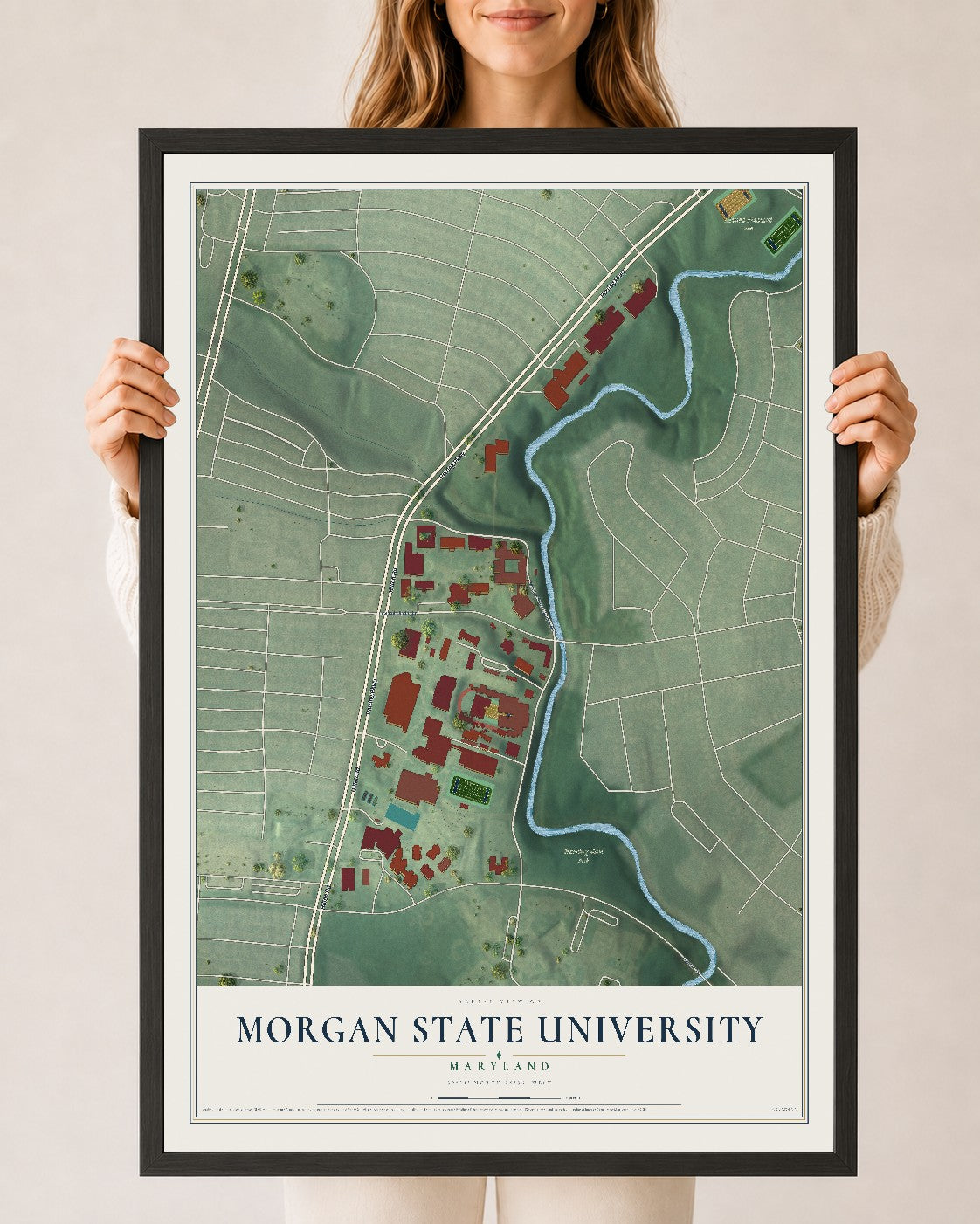 Map of Morgan State University, Maryland, 24 x 36 inch print in a black wood frame