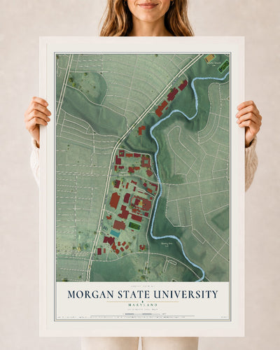 Map of Morgan State University, Maryland, 24 x 36 inch print in a white wood frame