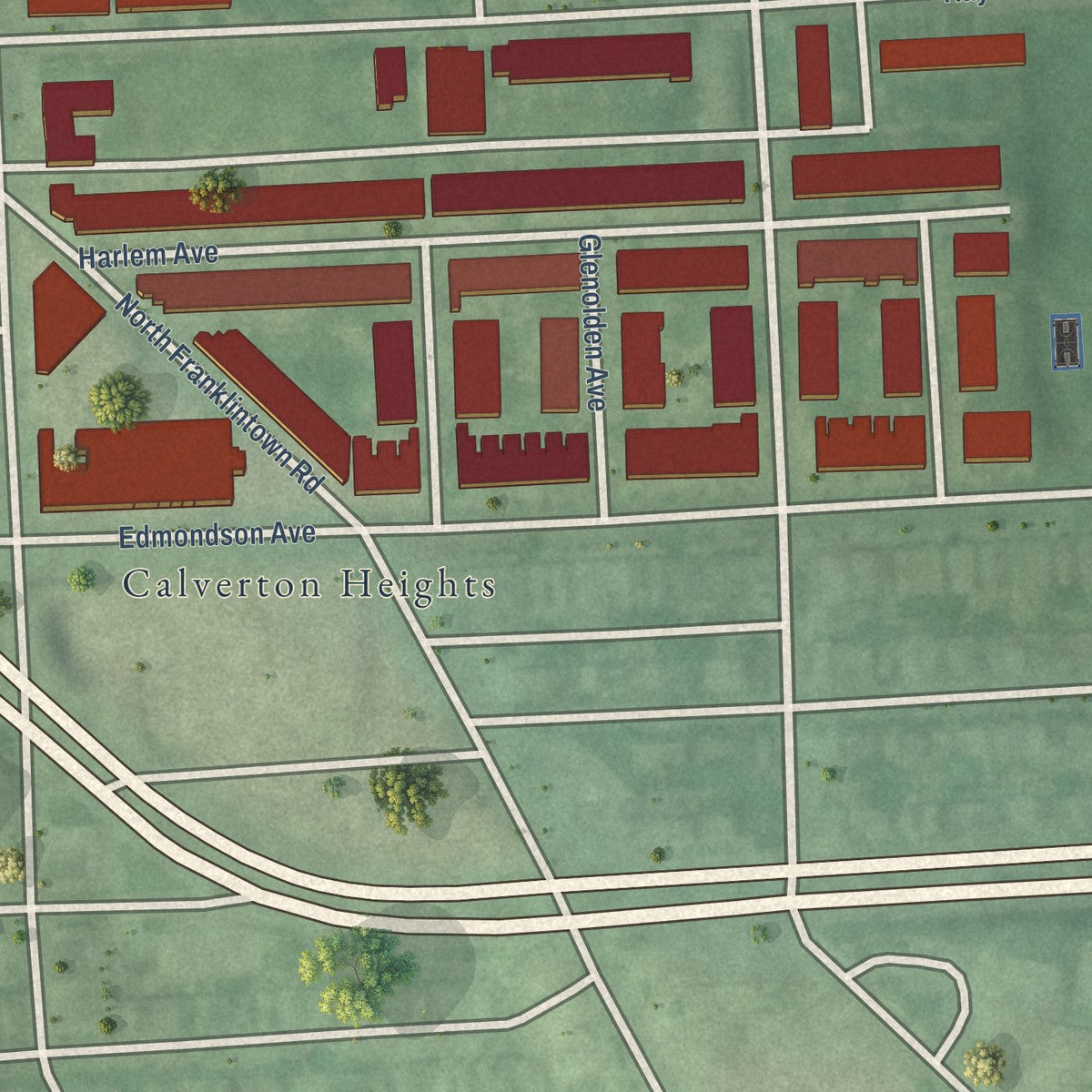Close-up of the map of Mosher, Maryland print showing street and building detail