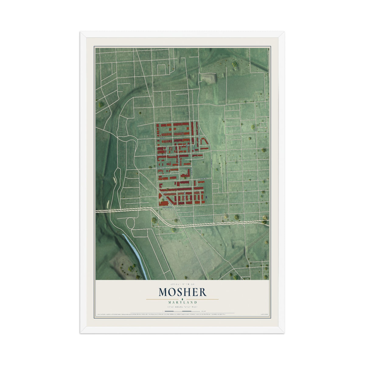Map of Mosher, Maryland, 12 x 18 inch print in a white wood frame