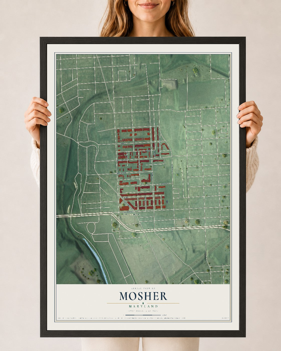 Map of Mosher, Maryland, 24 x 36 inch print in a black wood frame