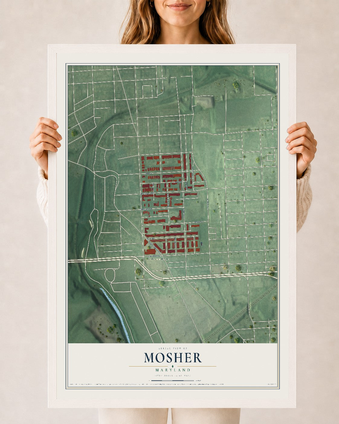 Map of Mosher, Maryland, 24 x 36 inch print in a white wood frame