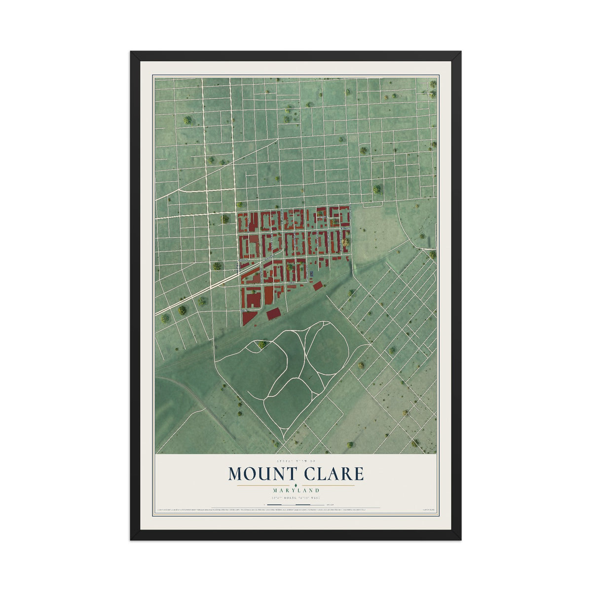 Map of Mount Clare, Maryland, 12 x 18 inch print in a black wood frame