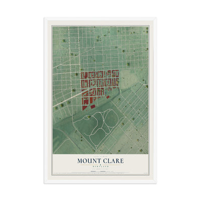 Map of Mount Clare, Maryland, 12 x 18 inch print in a white wood frame
