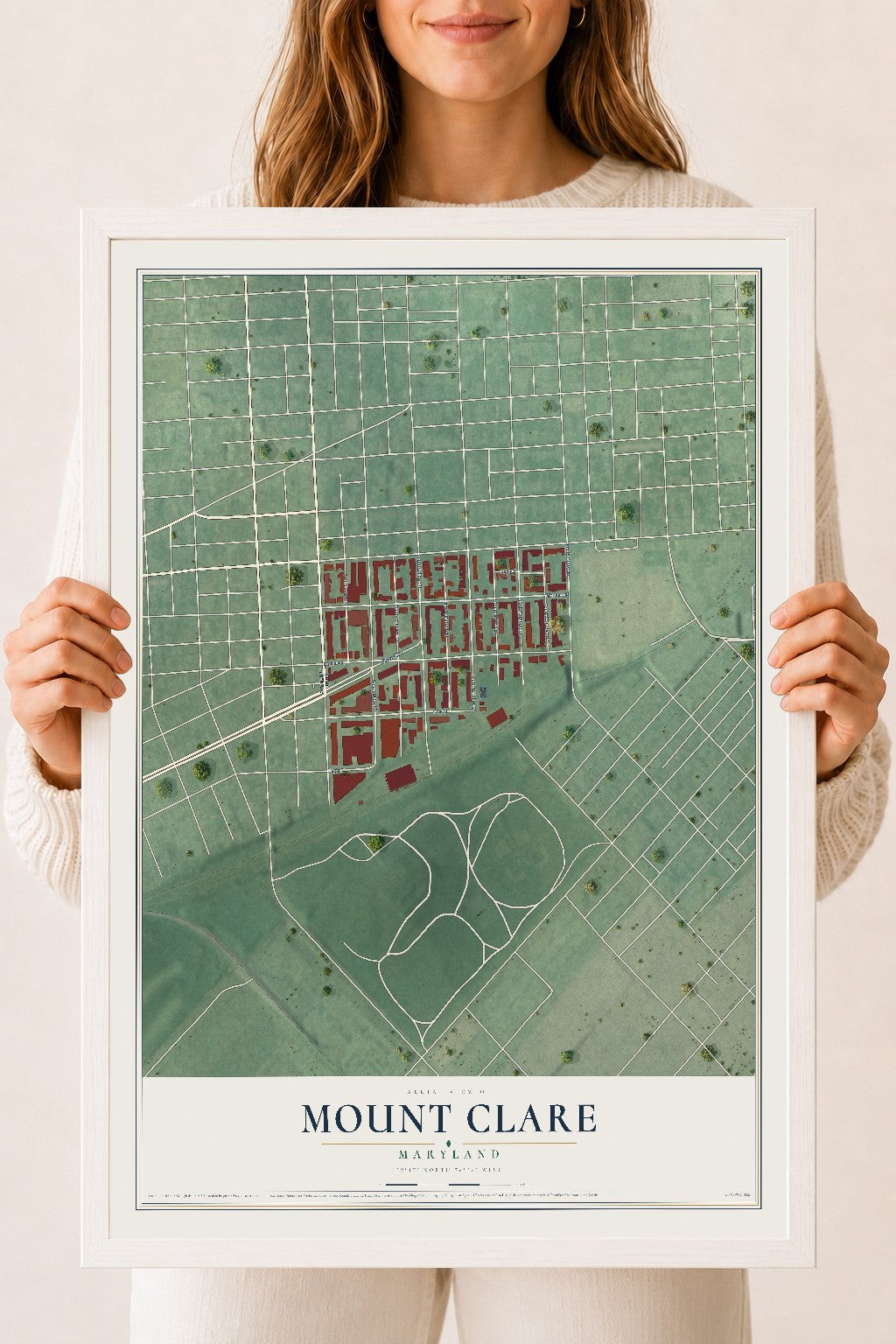 Map of Mount Clare, Maryland, 18 x 24 inch print in a white wood frame