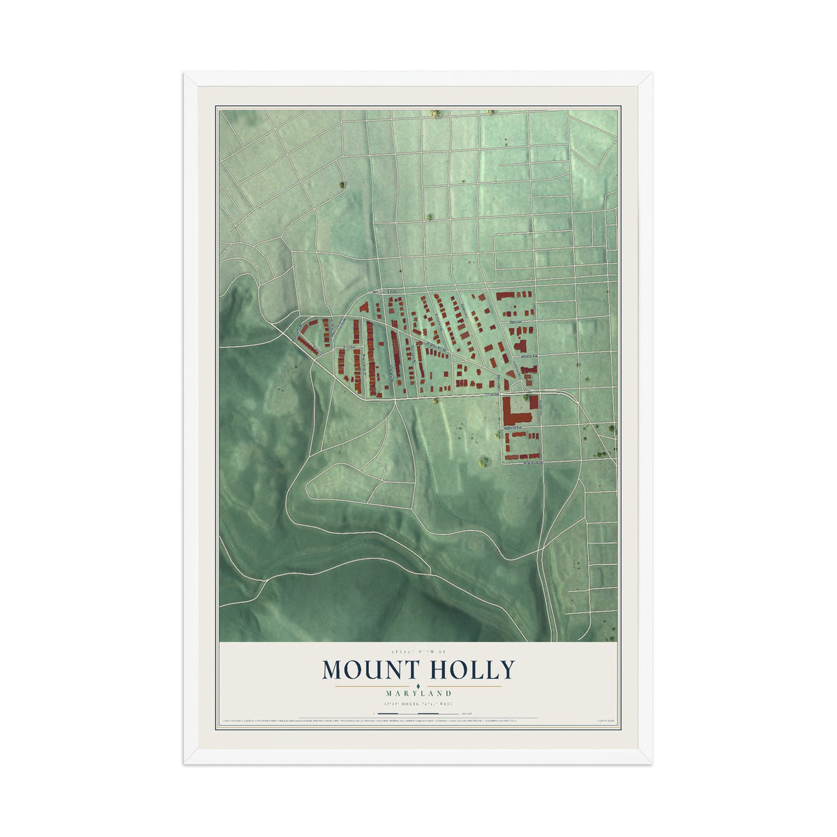 Map of Mount Holly, Maryland, 12 x 18 inch print in a white wood frame