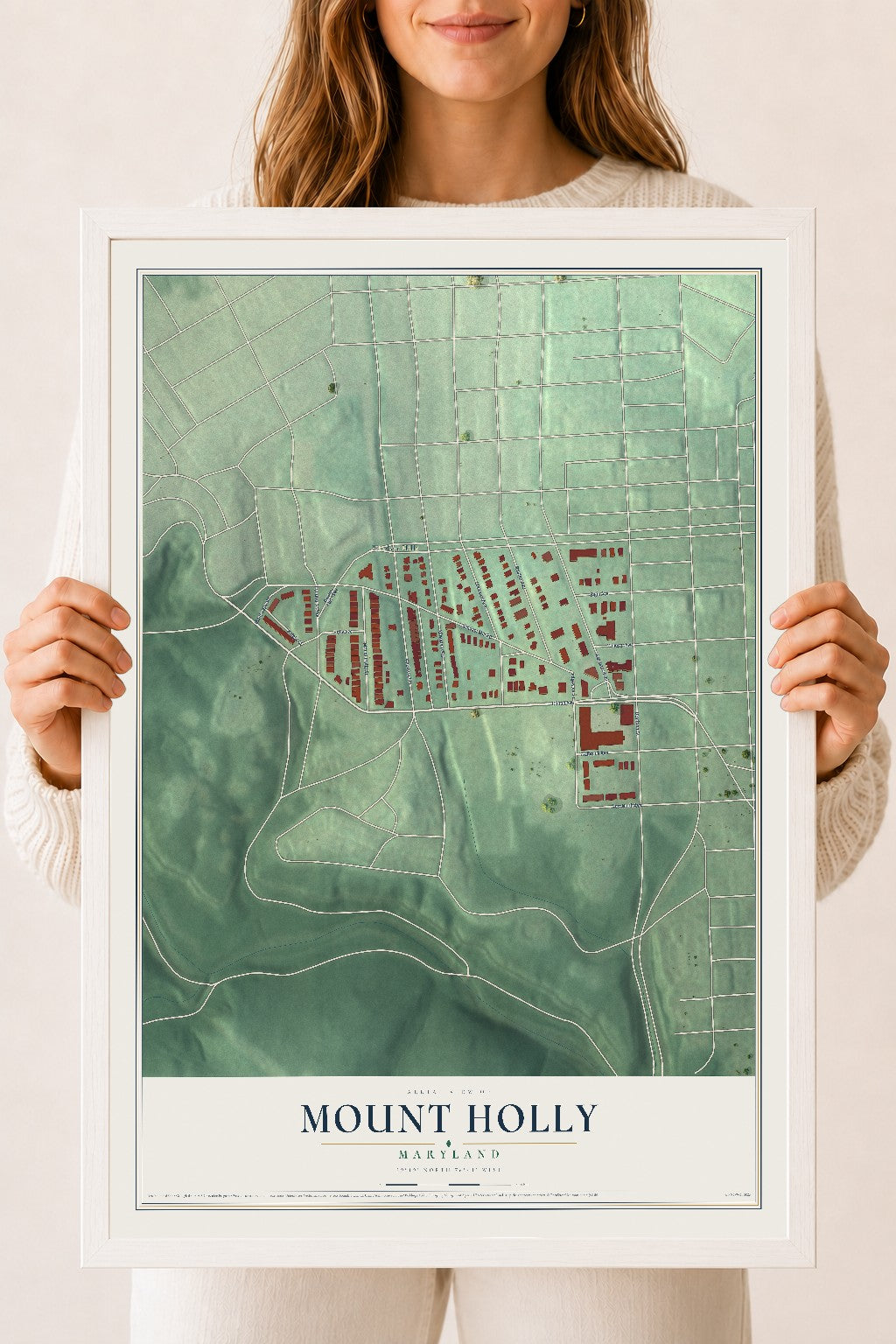 Map of Mount Holly, Maryland, 18 x 24 inch print in a white wood frame