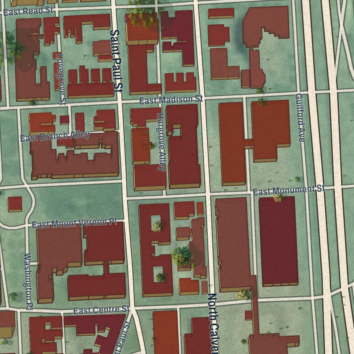 Close-up of the map of Mount Vernon, Maryland print showing street and building detail