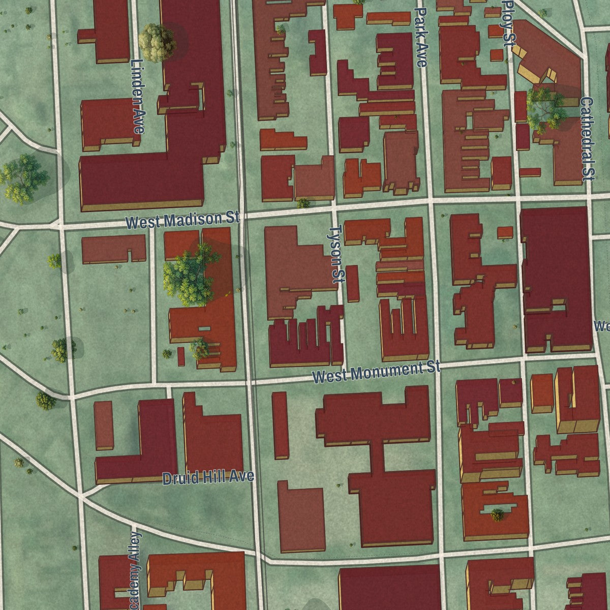 Second close-up of the map of Mount Vernon, Maryland print showing more streets and buildings