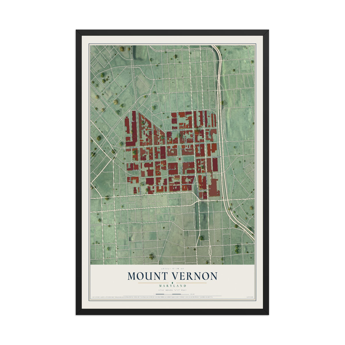 Map of Mount Vernon, Maryland, 12 x 18 inch print in a black wood frame