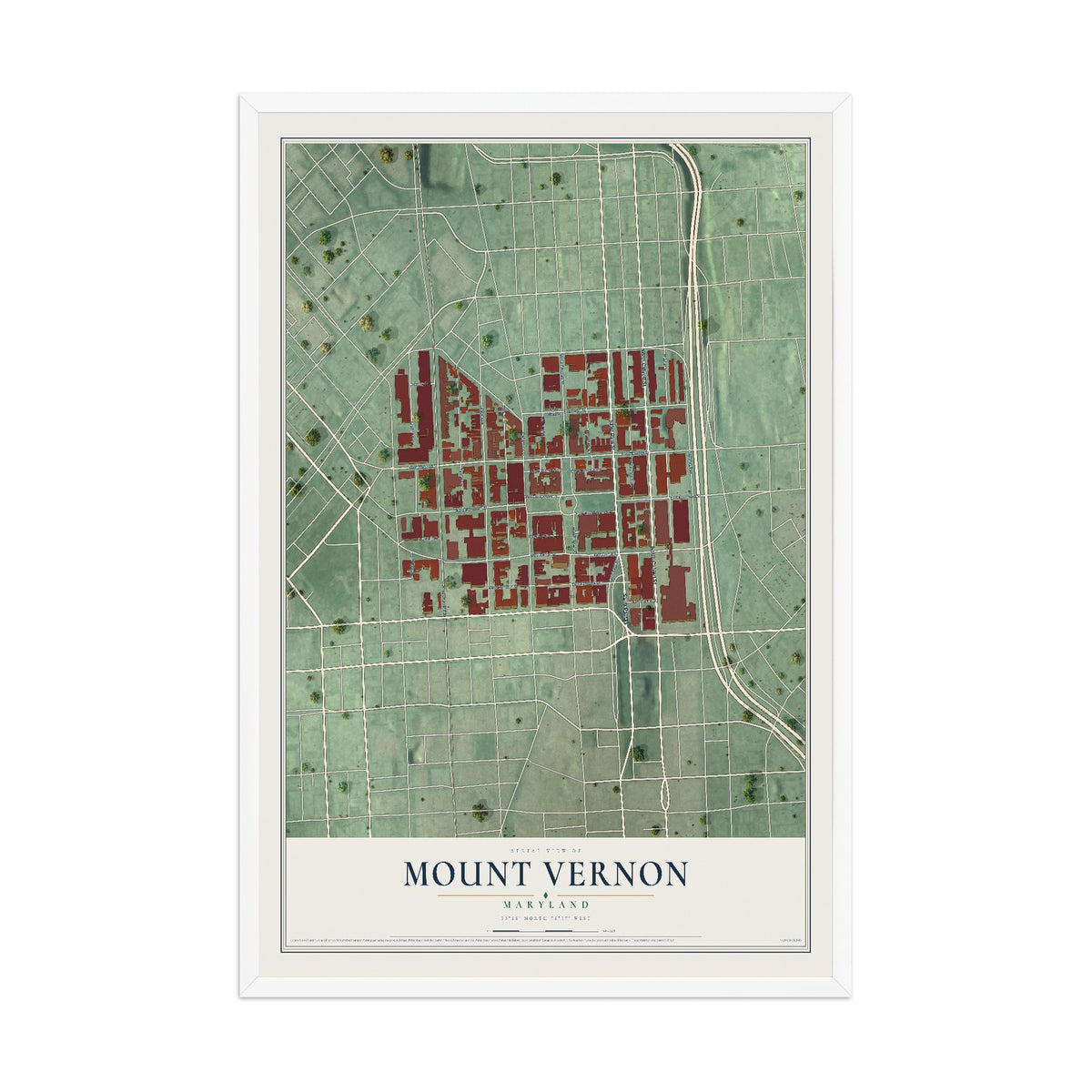 Map of Mount Vernon, Maryland, 12 x 18 inch print in a white wood frame