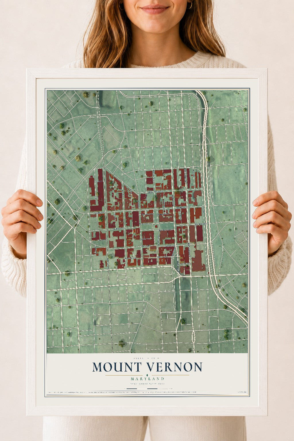 Map of Mount Vernon, Maryland, 18 x 24 inch print in a white wood frame