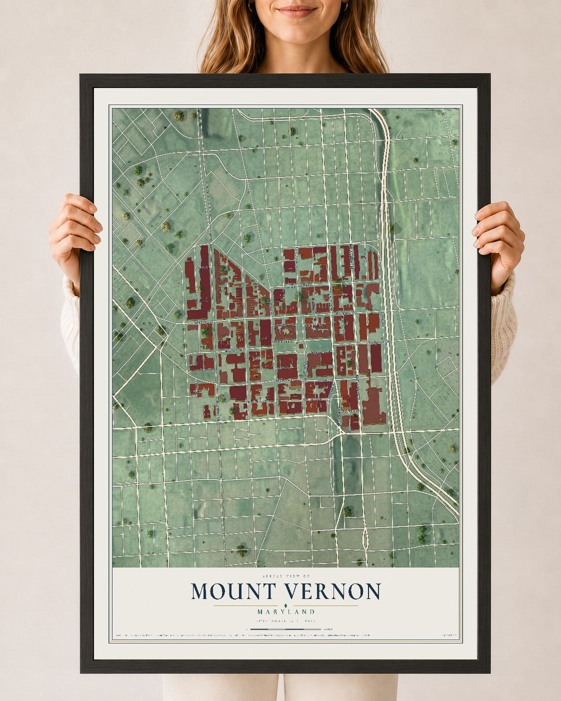 Map of Mount Vernon, Maryland, 24 x 36 inch print in a black wood frame