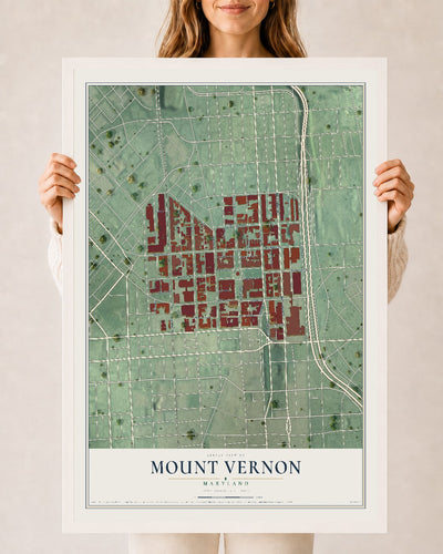 Map of Mount Vernon, Maryland, 24 x 36 inch print in a white wood frame