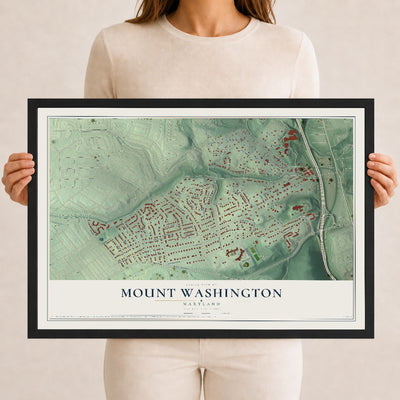 Map of Mount Washington, Maryland, 12 x 18 inch print in a black wood frame