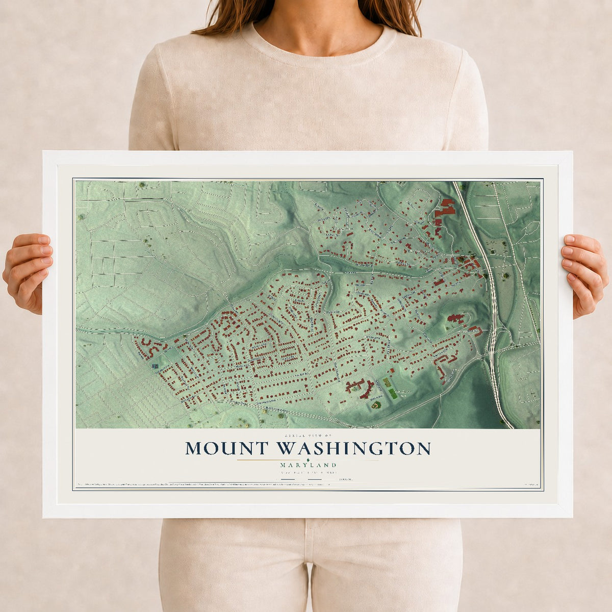 Map of Mount Washington, Maryland, 12 x 18 inch print in a white wood frame
