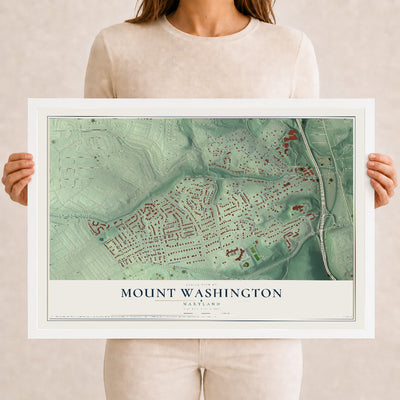 Map of Mount Washington, Maryland, 12 x 18 inch print in a white wood frame