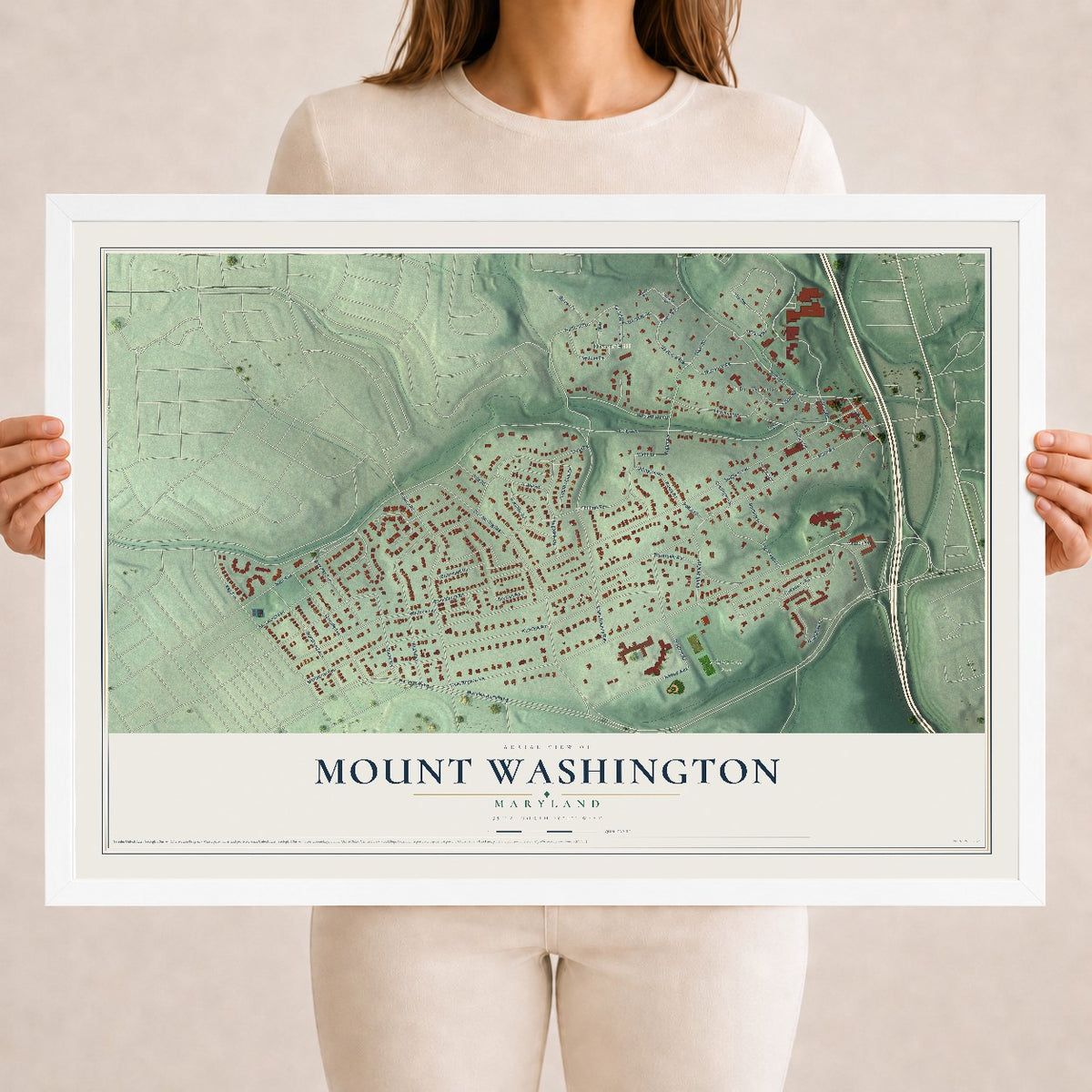 Map of Mount Washington, Maryland, 18 x 24 inch print in a white wood frame