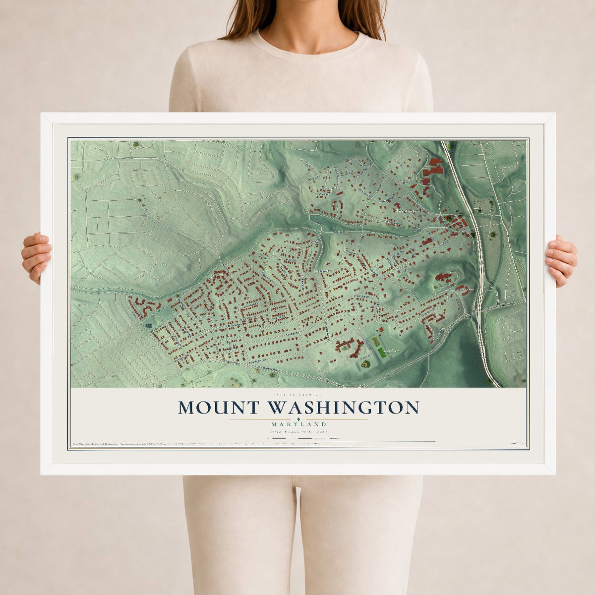Map of Mount Washington, Maryland, 24 x 36 inch print in a white wood frame