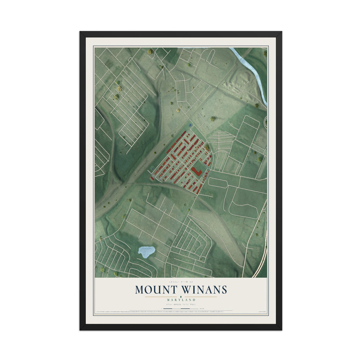 Map of Mount Winans, Maryland, 12 x 18 inch print in a black wood frame