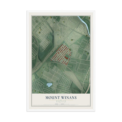 Map of Mount Winans, Maryland, 12 x 18 inch print in a white wood frame